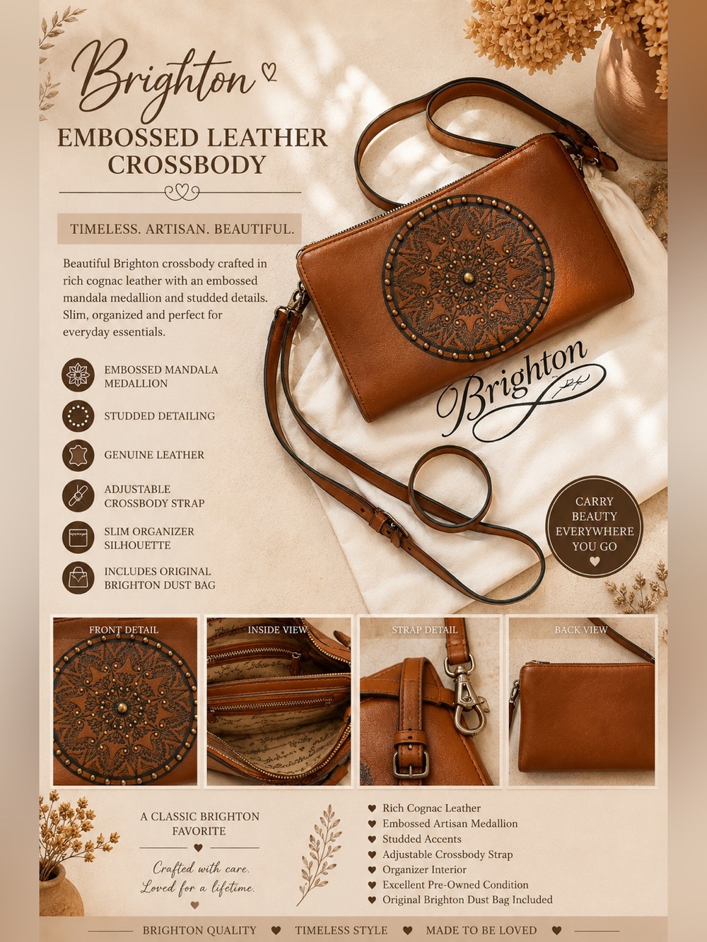 Brighton Embossed Leather Crossbody Organizer Bag Cognac Medallion Studded